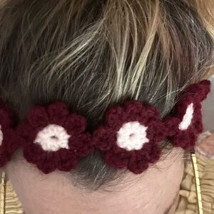 Burgundy Crochet Flower Headband with Pink Centers - Women’s Hair Accessory